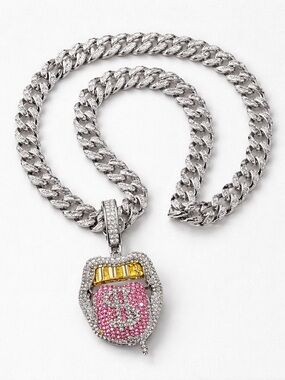 Diamond Cuban Chain Necklace with Pink and Gold Pendant